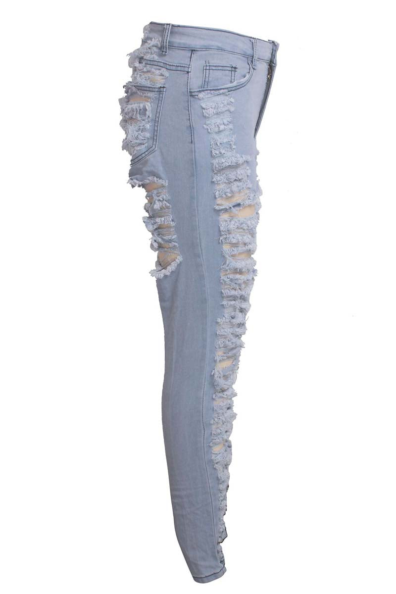 Dark Blue Casual Hight Waist Plus Size Distressed Ripped Denim Jeans