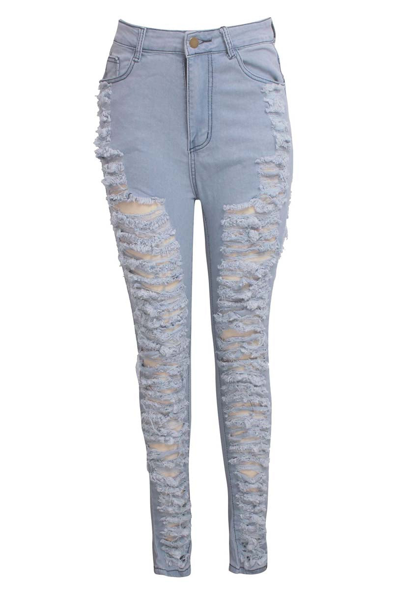 Dark Blue Casual Hight Waist Plus Size Distressed Ripped Denim Jeans