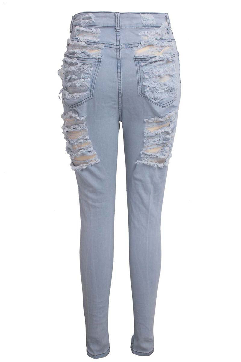 Dark Blue Casual Hight Waist Plus Size Distressed Ripped Denim Jeans