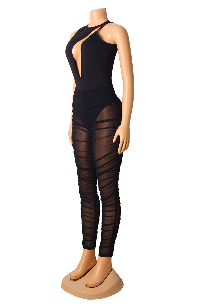 Black Sexy Solid Mesh O Neck Sleeveless Two Pieces