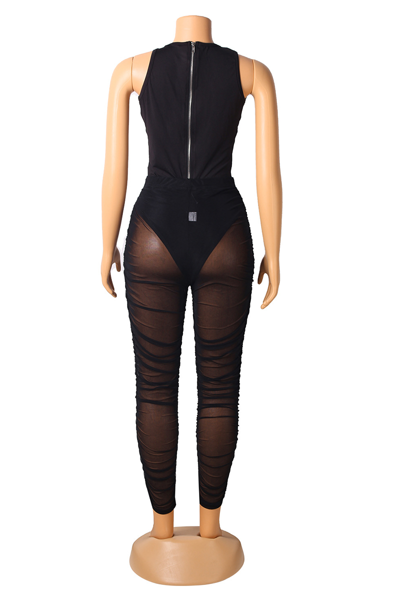 Black Sexy Solid Mesh O Neck Sleeveless Two Pieces