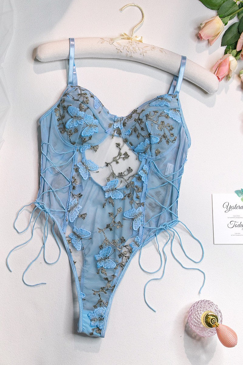 Sexy Patchwork Embroidery See-through Backless Lingerie