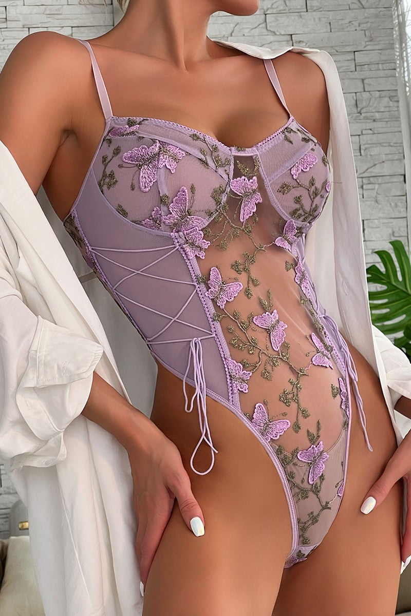 Sexy Patchwork Embroidery See-through Backless Lingerie