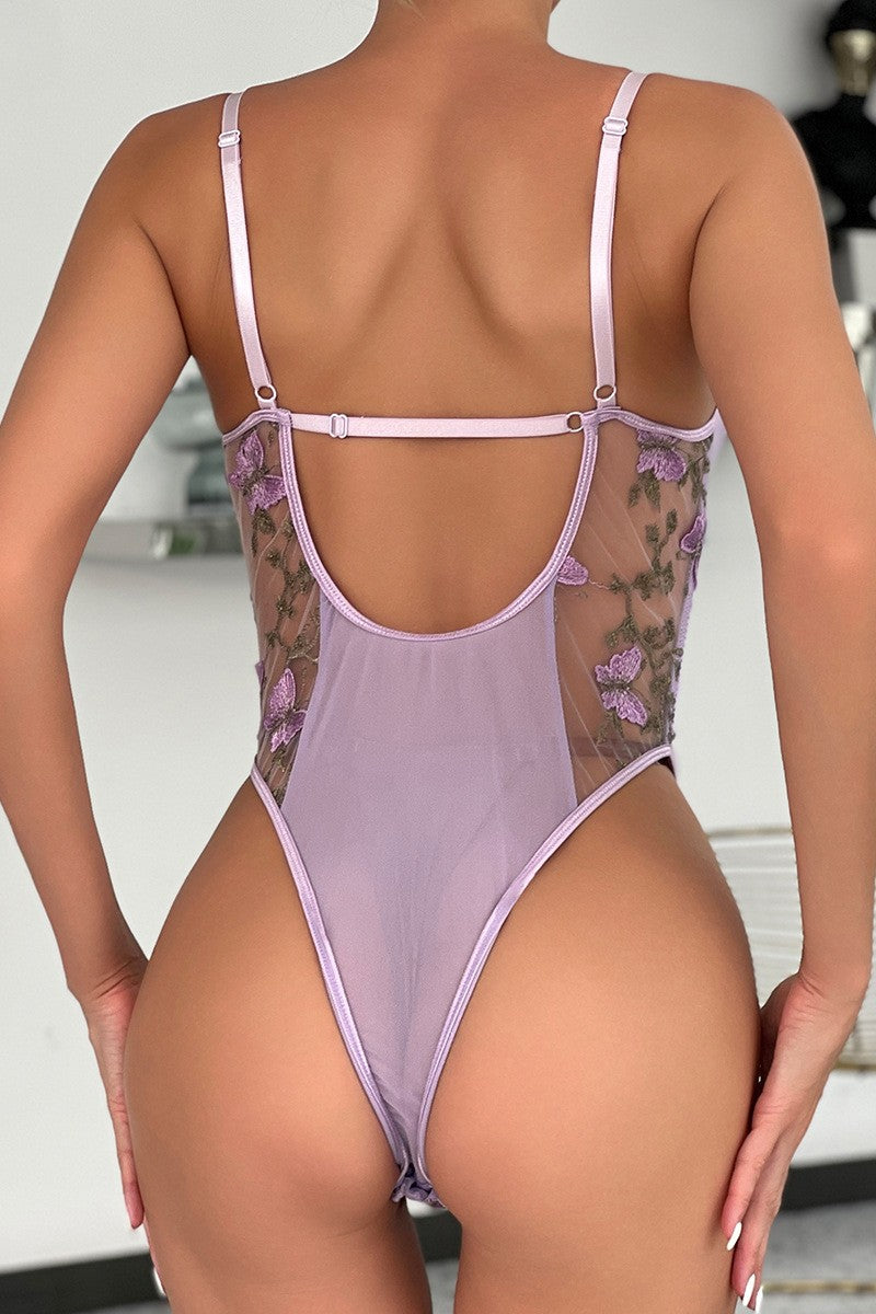Sexy Patchwork Embroidery See-through Backless Lingerie