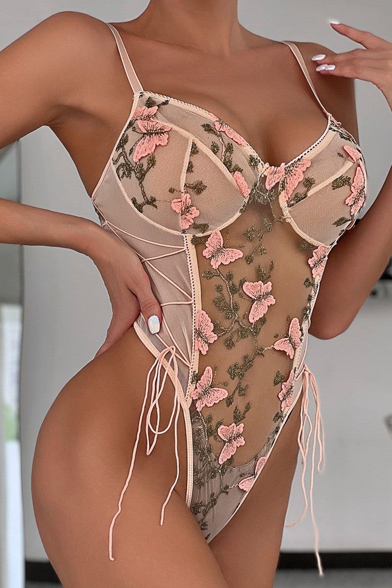 Sexy Patchwork Embroidery See-through Backless Lingerie