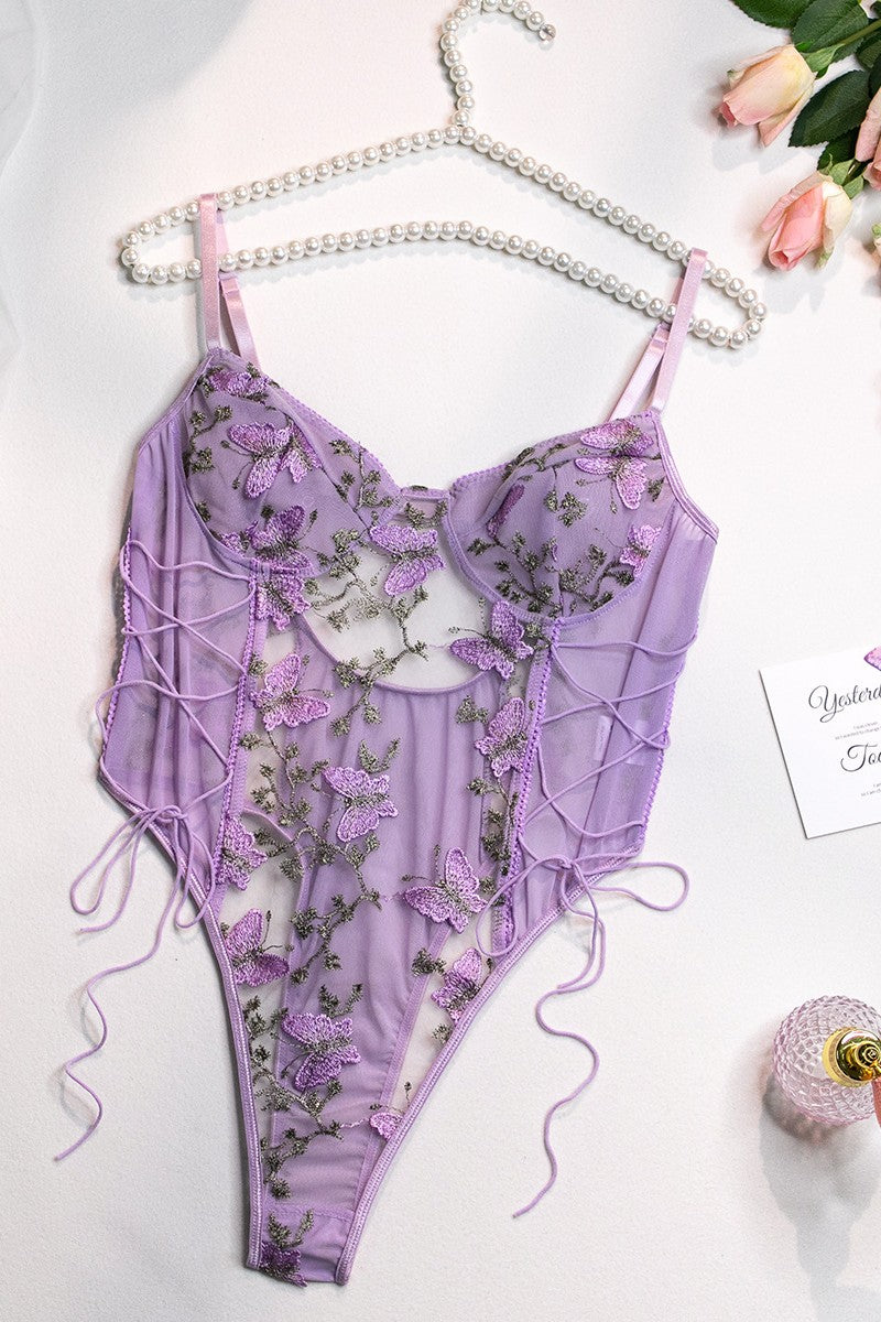 Sexy Patchwork Embroidery See-through Backless Lingerie