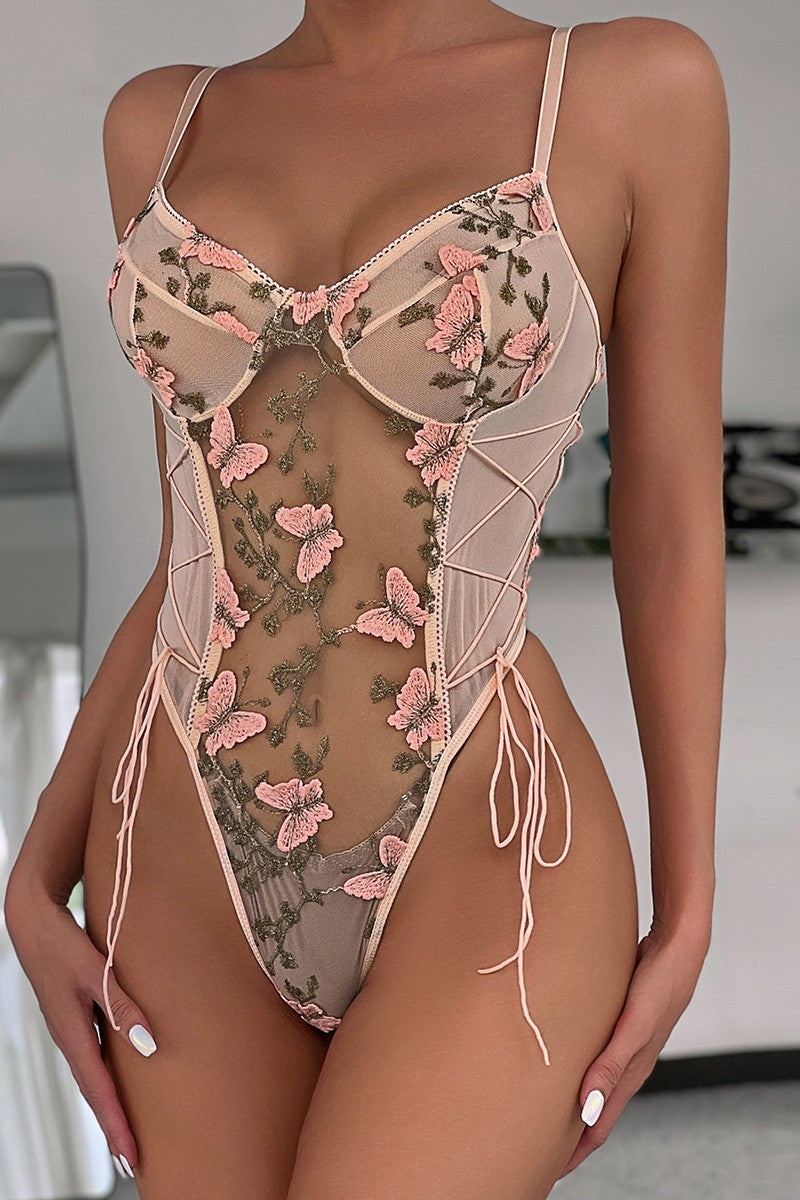 Sexy Patchwork Embroidery See-through Backless Lingerie