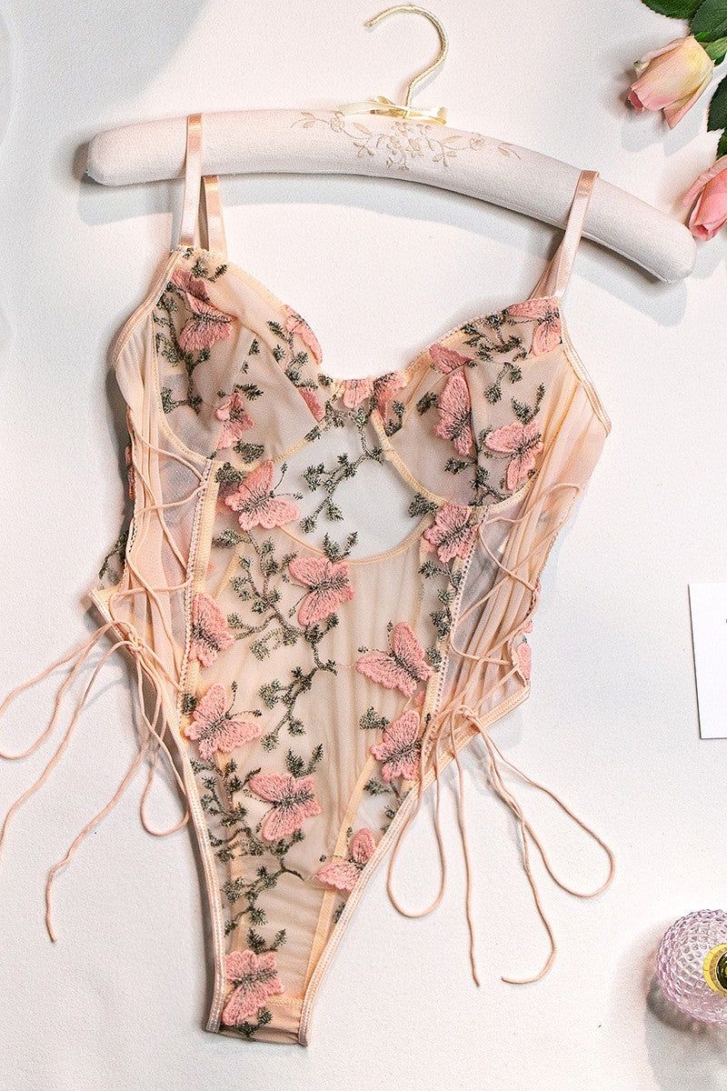 Sexy Patchwork Embroidery See-through Backless Lingerie