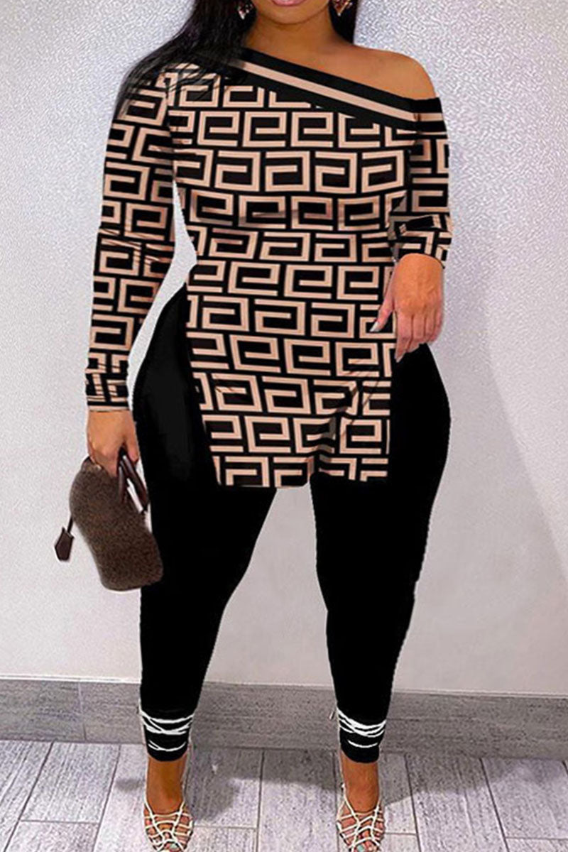 Casual Street Print Patchwork Slit Oblique Collar Plus Size Two Pieces