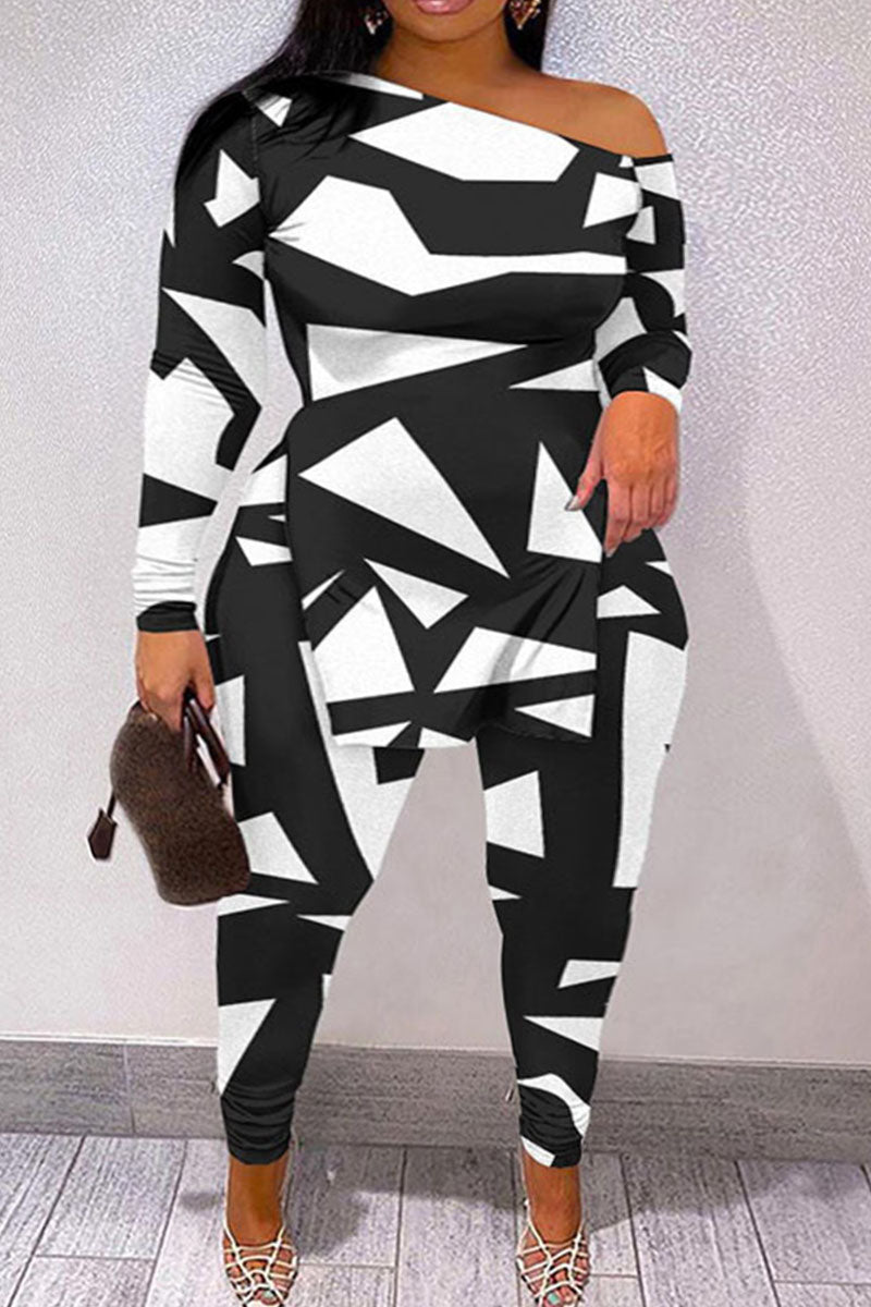 Casual Street Print Patchwork Slit Oblique Collar Plus Size Two Pieces