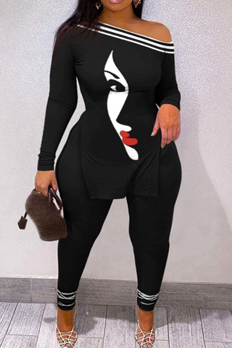 Casual Street Print Patchwork Slit Oblique Collar Plus Size Two Pieces