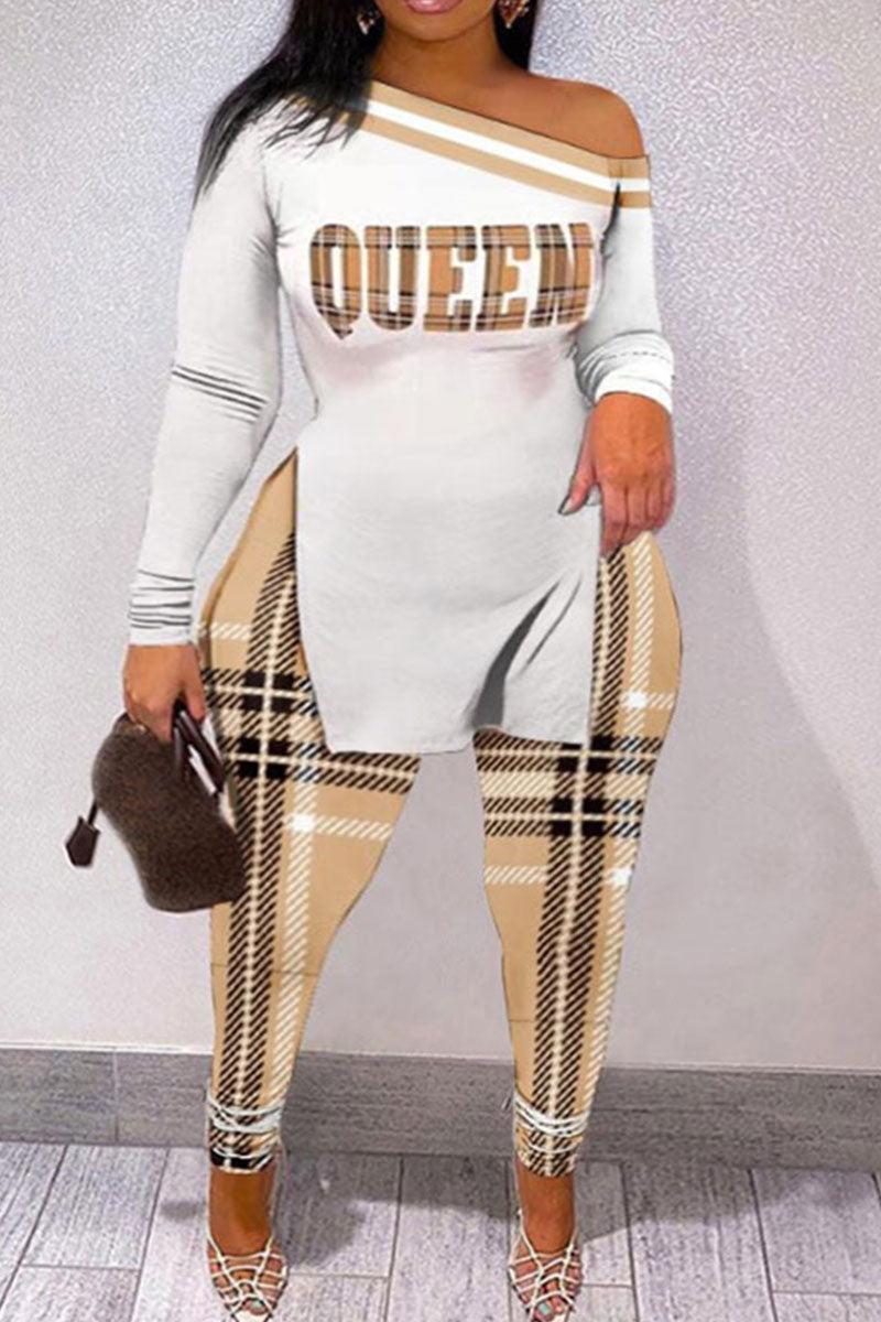 Casual Street Print Patchwork Slit Oblique Collar Plus Size Two Pieces
