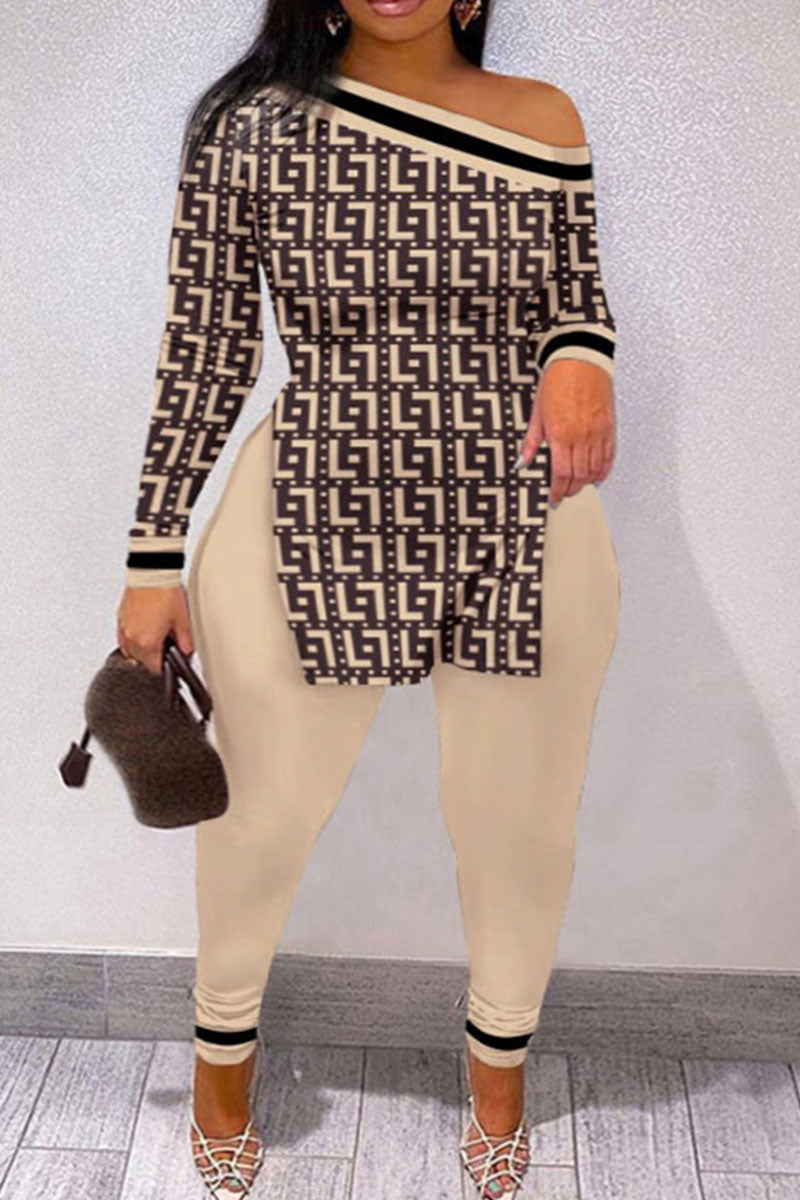 Casual Street Print Patchwork Slit Oblique Collar Plus Size Two Pieces