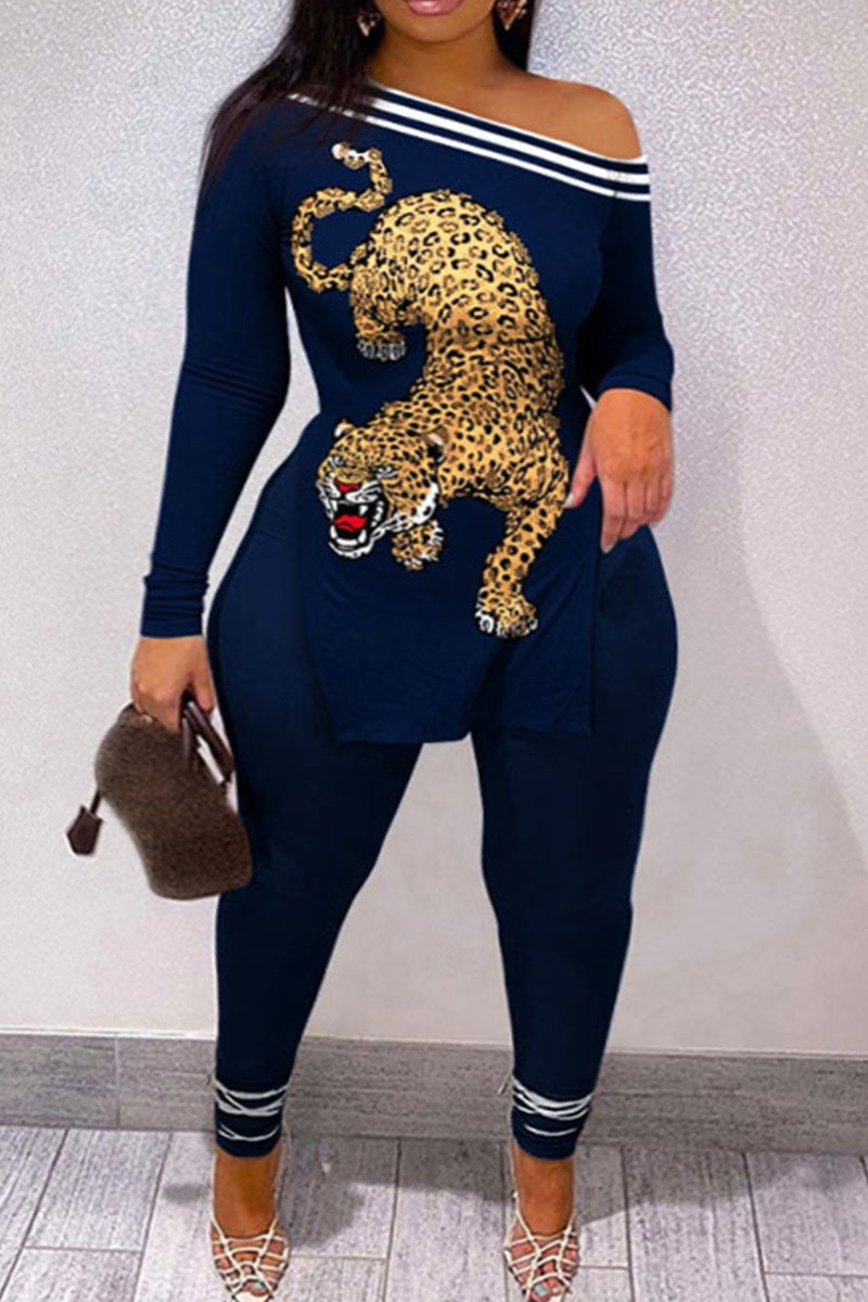 Casual Street Print Patchwork Slit Oblique Collar Plus Size Two Pieces