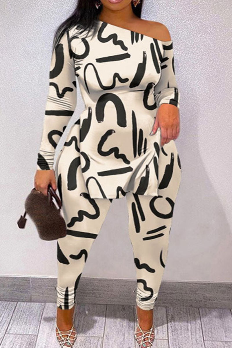 Casual Street Print Patchwork Slit Oblique Collar Plus Size Two Pieces