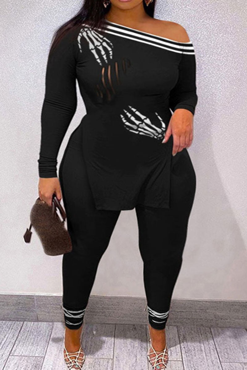 Casual Street Print Patchwork Slit Oblique Collar Plus Size Two Pieces