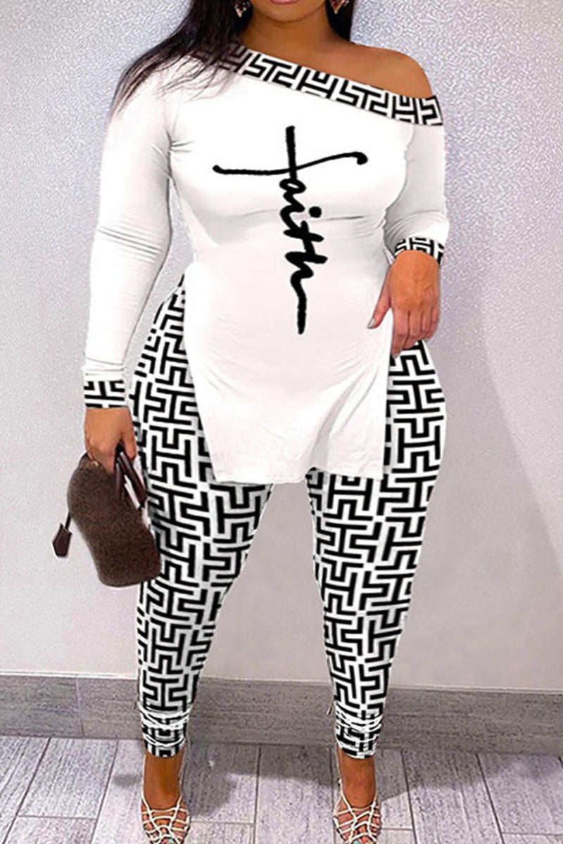Casual Street Print Patchwork Slit Oblique Collar Plus Size Two Pieces