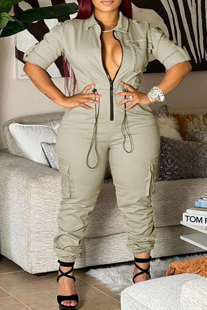 Casual Street Solid Patchwork Pocket Zipper Collar Plus Size Jumpsuits