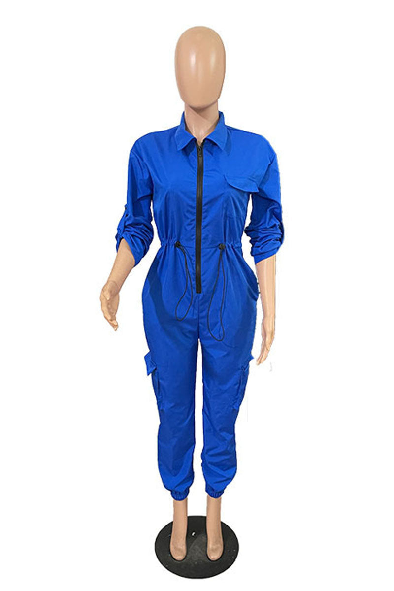 Casual Street Solid Patchwork Pocket Zipper Collar Plus Size Jumpsuits