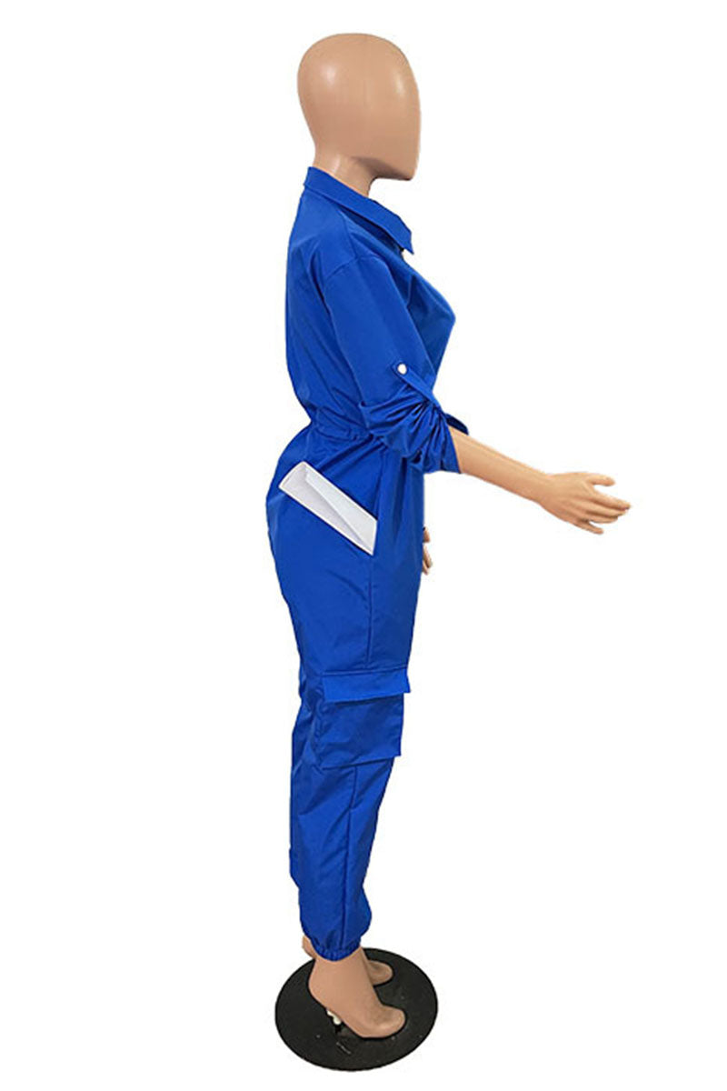 Casual Street Solid Patchwork Pocket Zipper Collar Plus Size Jumpsuits