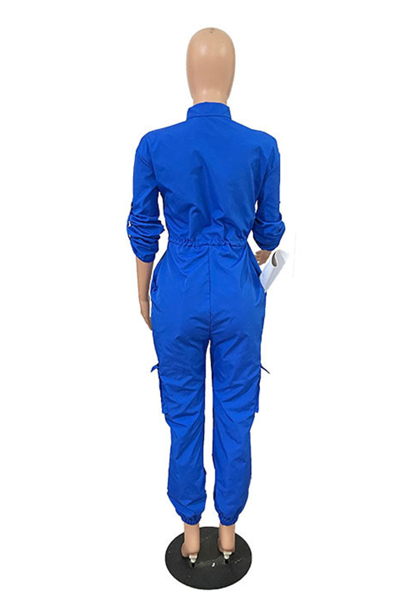 Casual Street Solid Patchwork Pocket Zipper Collar Plus Size Jumpsuits