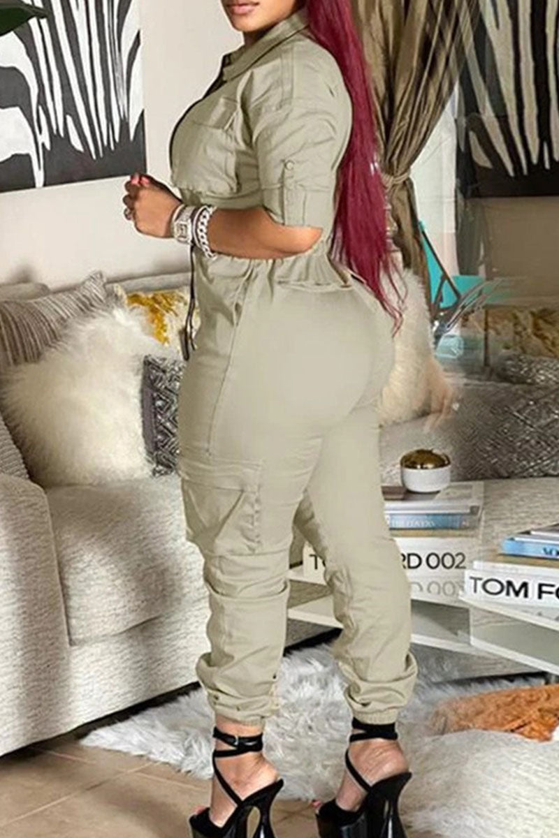 Casual Street Solid Patchwork Pocket Zipper Collar Plus Size Jumpsuits