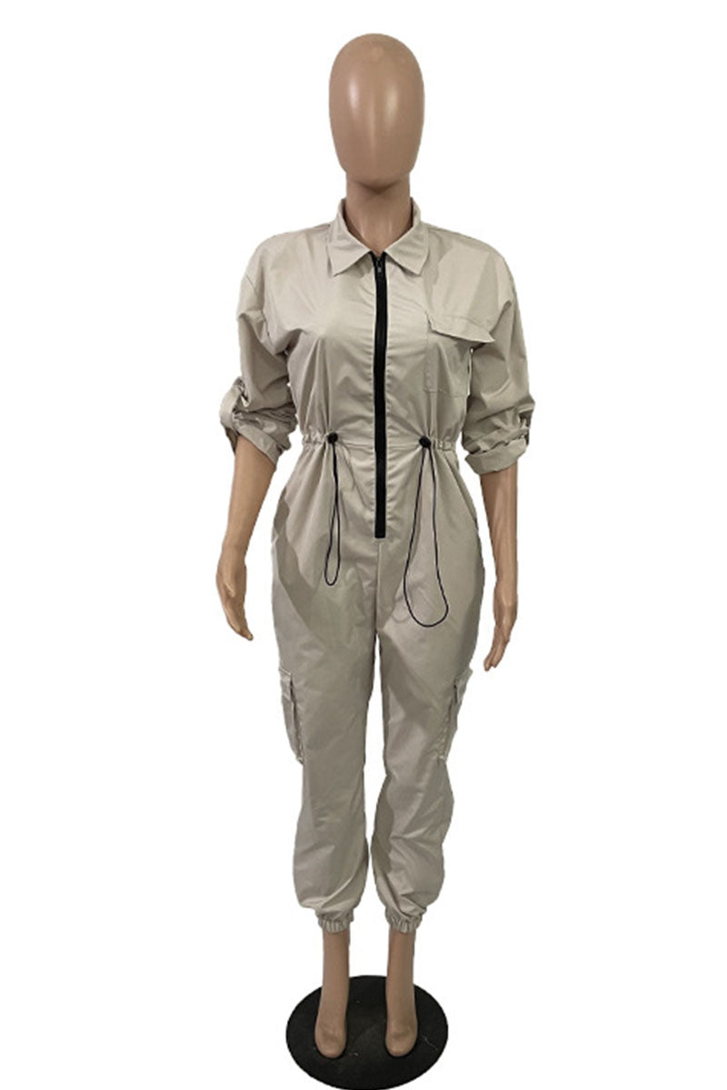 Casual Street Solid Patchwork Pocket Zipper Collar Plus Size Jumpsuits