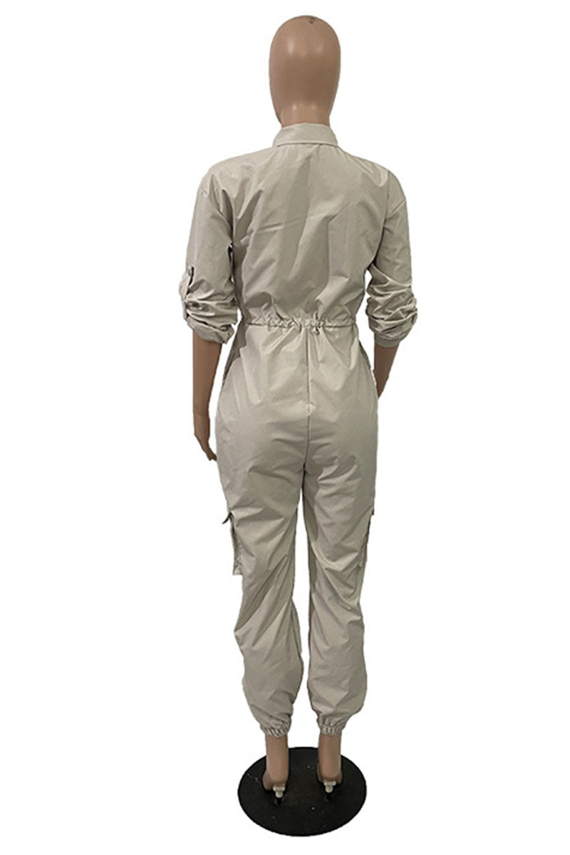 Casual Street Solid Patchwork Pocket Zipper Collar Plus Size Jumpsuits