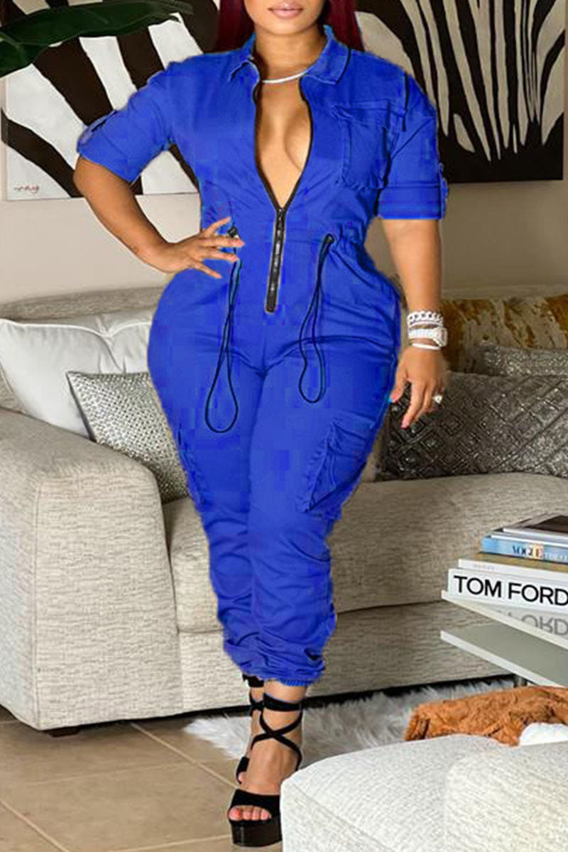 Casual Street Solid Patchwork Pocket Zipper Collar Plus Size Jumpsuits