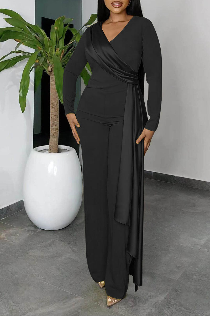 Casual Elegant Solid Patchwork V Neck Straight Jumpsuits