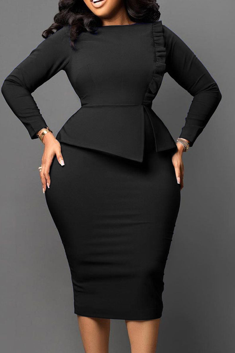 Casual Work Elegant Solid Patchwork Stringy Selvedge O Neck One Step Skirt Dresses
