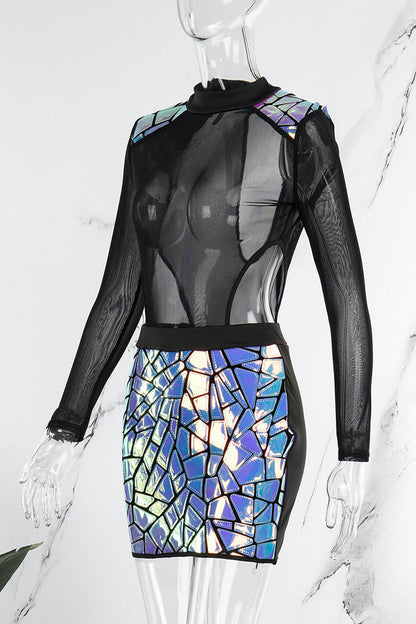 Black Sexy Patchwork Hollowed Out See-through Half A Turtleneck Long Sleeve Dress