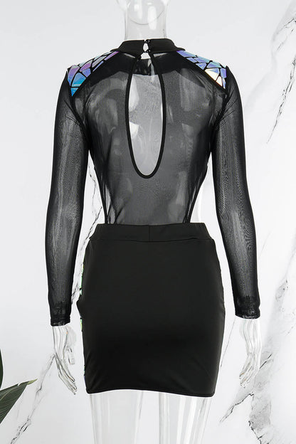 Black Sexy Patchwork Hollowed Out See-through Half A Turtleneck Long Sleeve Dress