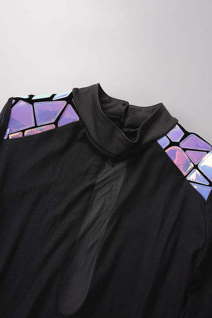 Black Sexy Patchwork Hollowed Out See-through Half A Turtleneck Long Sleeve Dress
