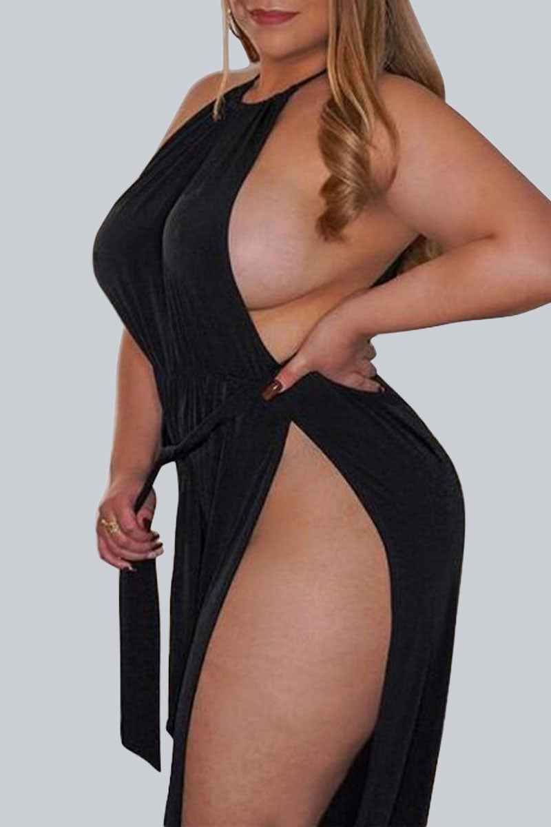 Black Sexy Casual Solid High Opening Halter Plus Size Jumpsuits(With Belt)