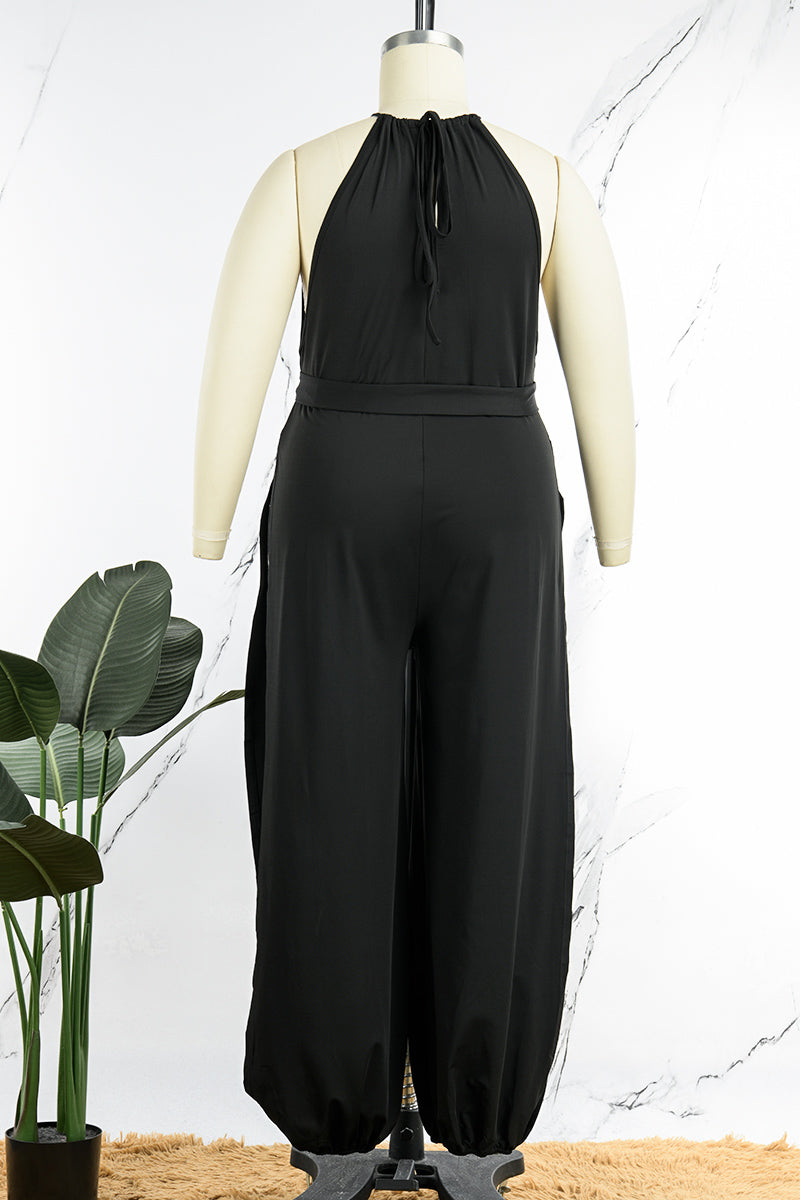 Black Sexy Casual Solid High Opening Halter Plus Size Jumpsuits(With Belt)