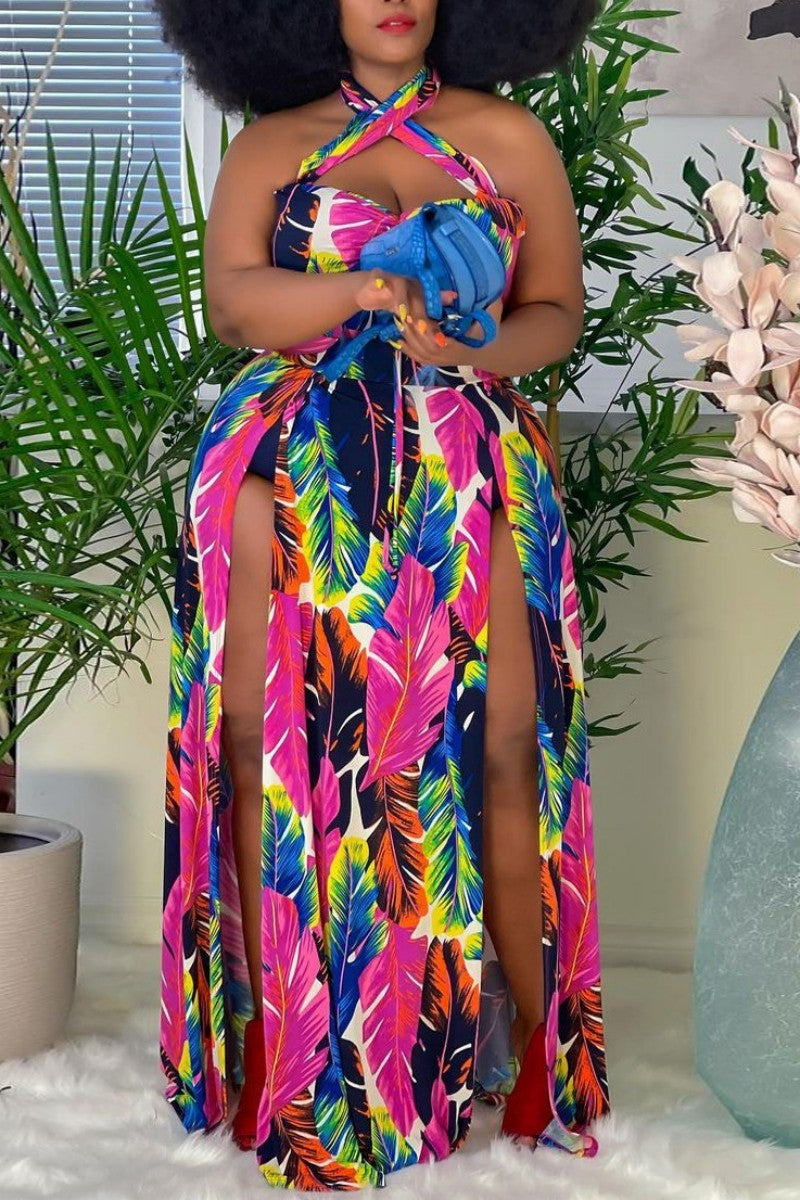 Sexy Print Hollowed Out Backless Slit Halter Plus Size Two Pieces
