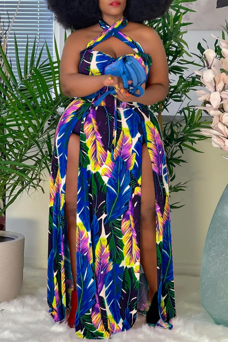 Sexy Print Hollowed Out Backless Slit Halter Plus Size Two Pieces