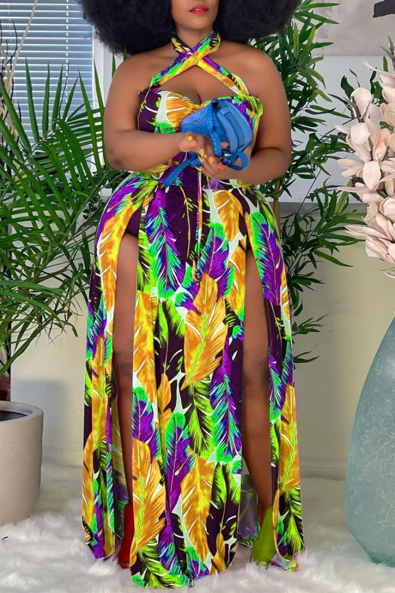 Sexy Print Hollowed Out Backless Slit Halter Plus Size Two Pieces