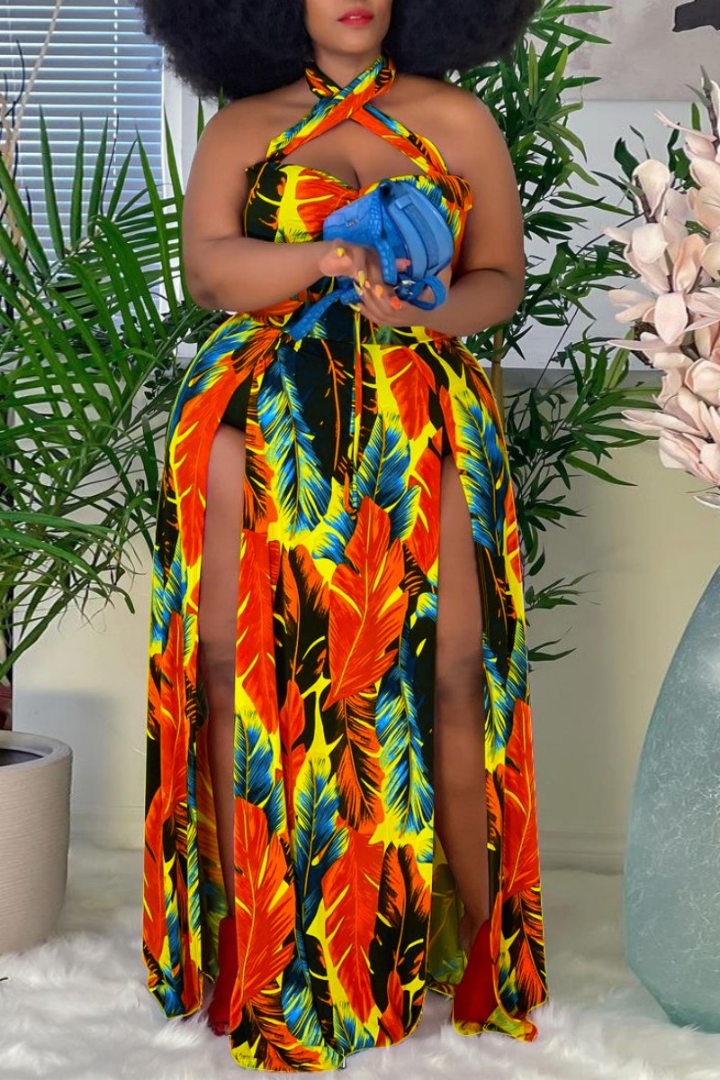 Sexy Print Hollowed Out Backless Slit Halter Plus Size Two Pieces