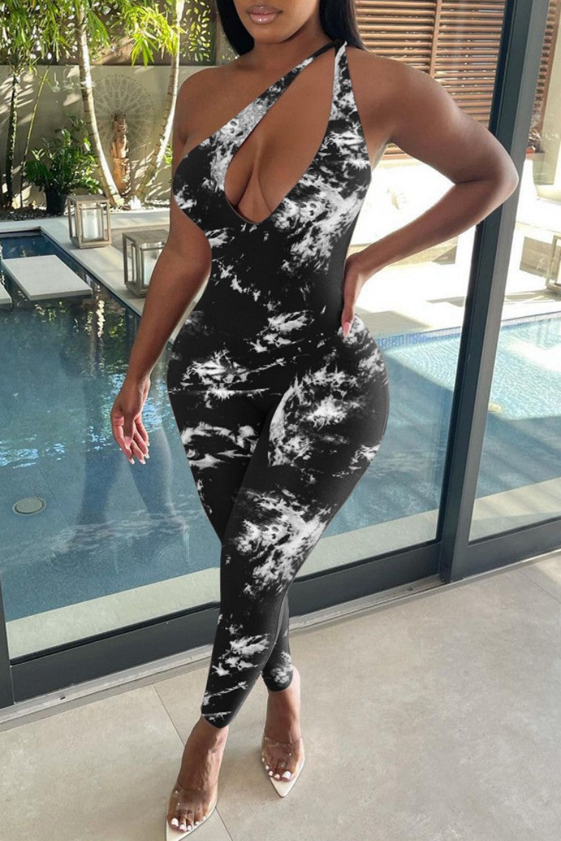 Sexy Print Backless Oblique Collar Skinny Jumpsuits