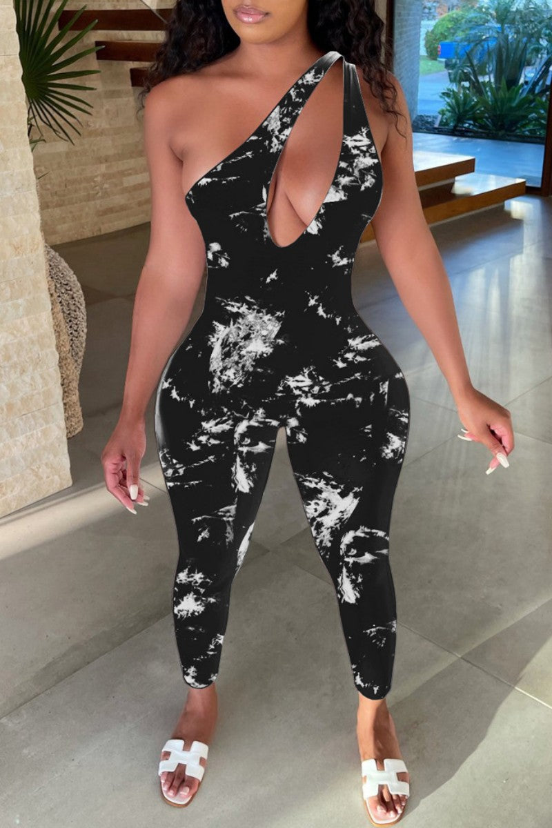 Sexy Print Backless Oblique Collar Skinny Jumpsuits