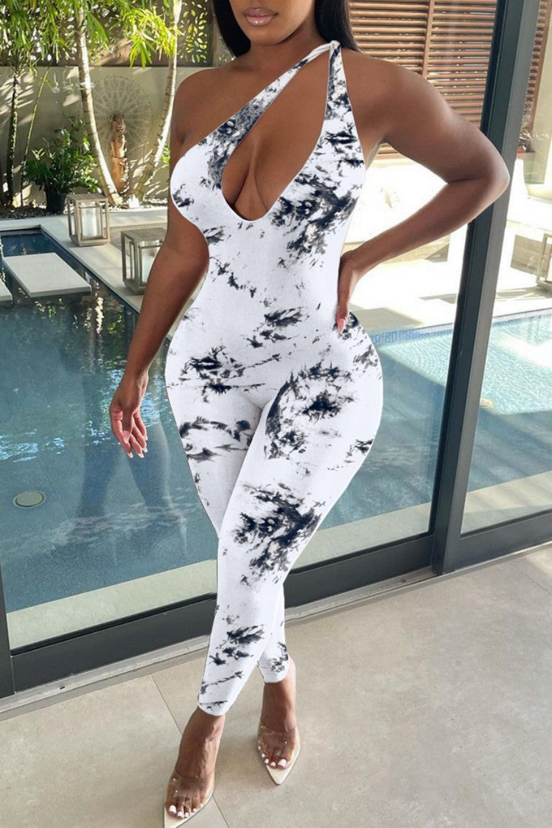 Sexy Print Backless Oblique Collar Skinny Jumpsuits