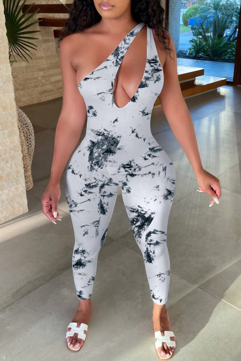 Sexy Print Backless Oblique Collar Skinny Jumpsuits