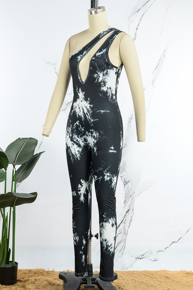 Sexy Print Backless Oblique Collar Skinny Jumpsuits