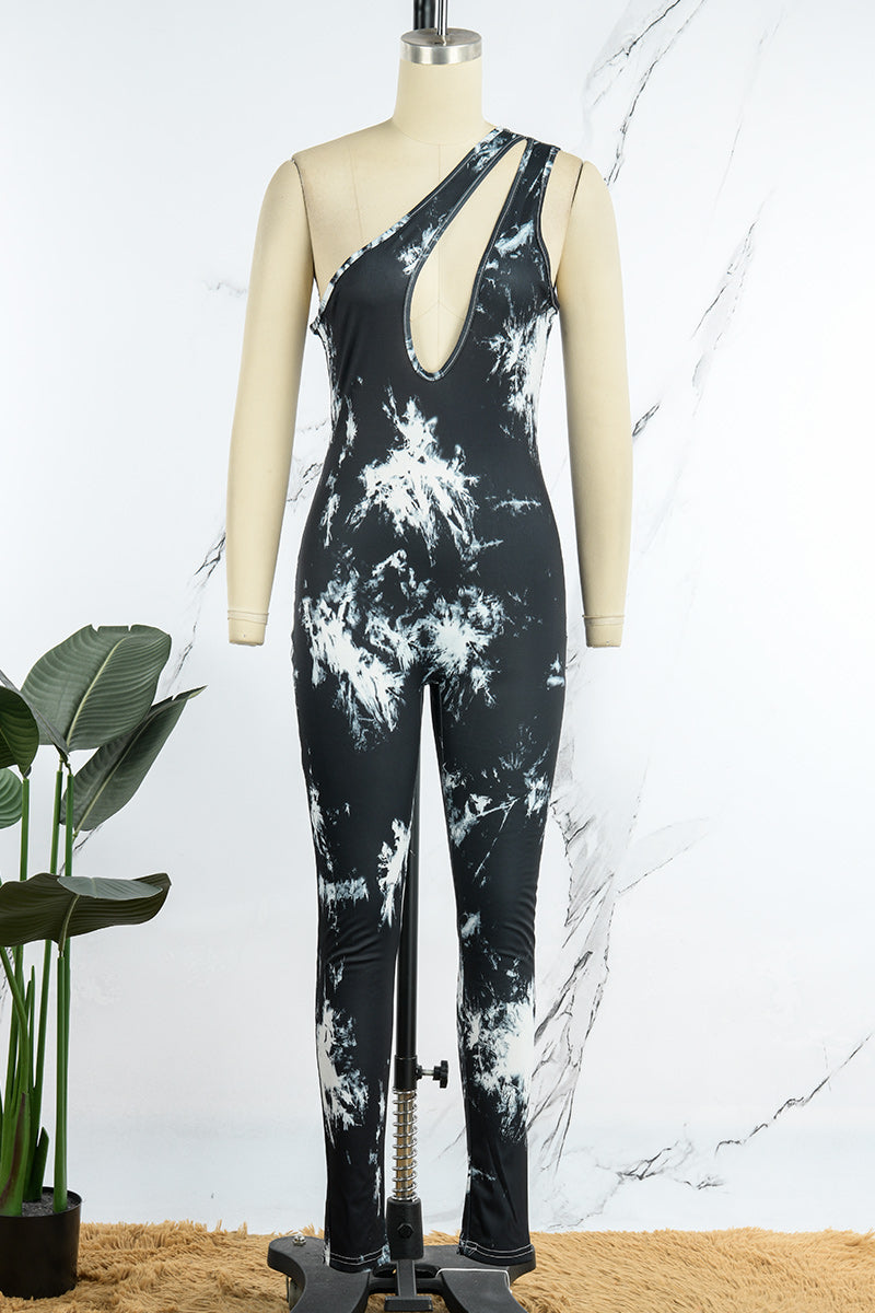 Sexy Print Backless Oblique Collar Skinny Jumpsuits