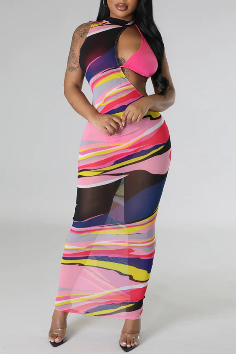 Sexy Print Hollowed Out See-through Backless Asymmetrical Half A Turtleneck Sleeveless Three Piece Set