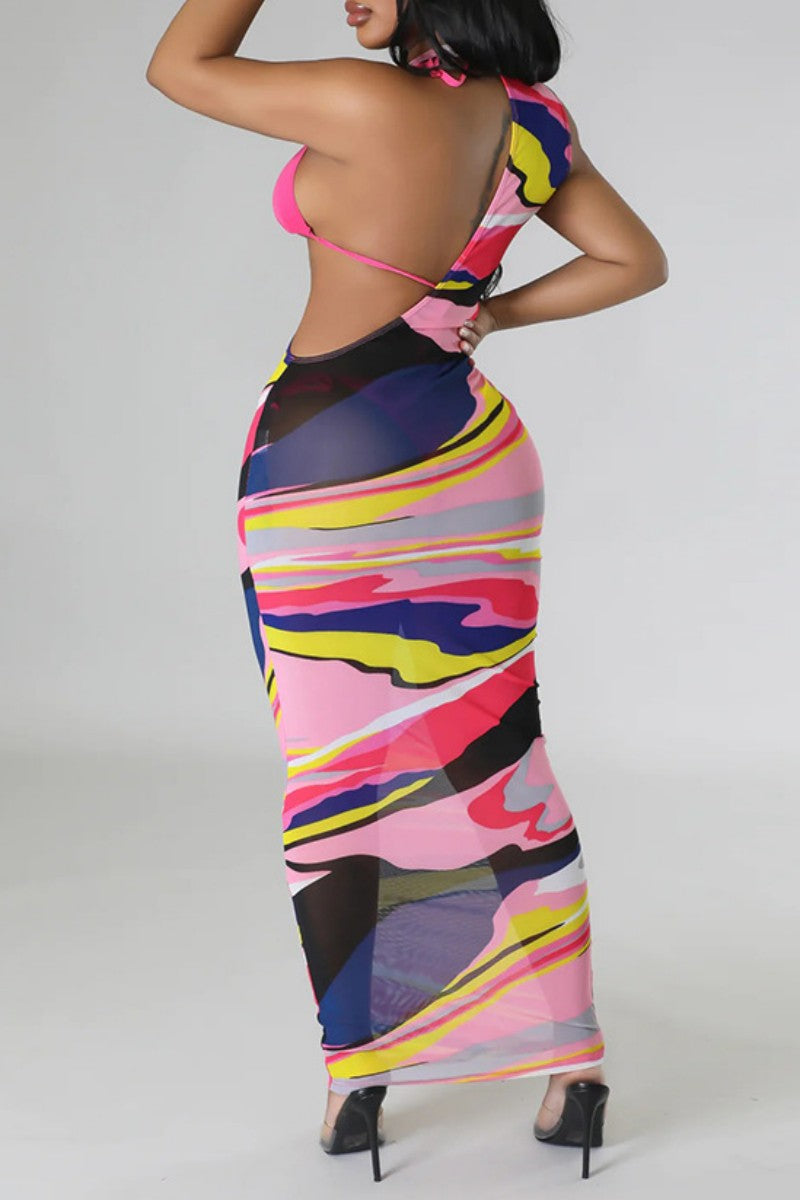 Sexy Print Hollowed Out See-through Backless Asymmetrical Half A Turtleneck Sleeveless Three Piece Set