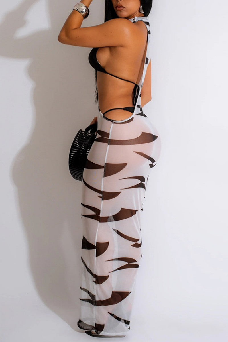 Sexy Print Hollowed Out See-through Backless Asymmetrical Half A Turtleneck Sleeveless Three Piece Set