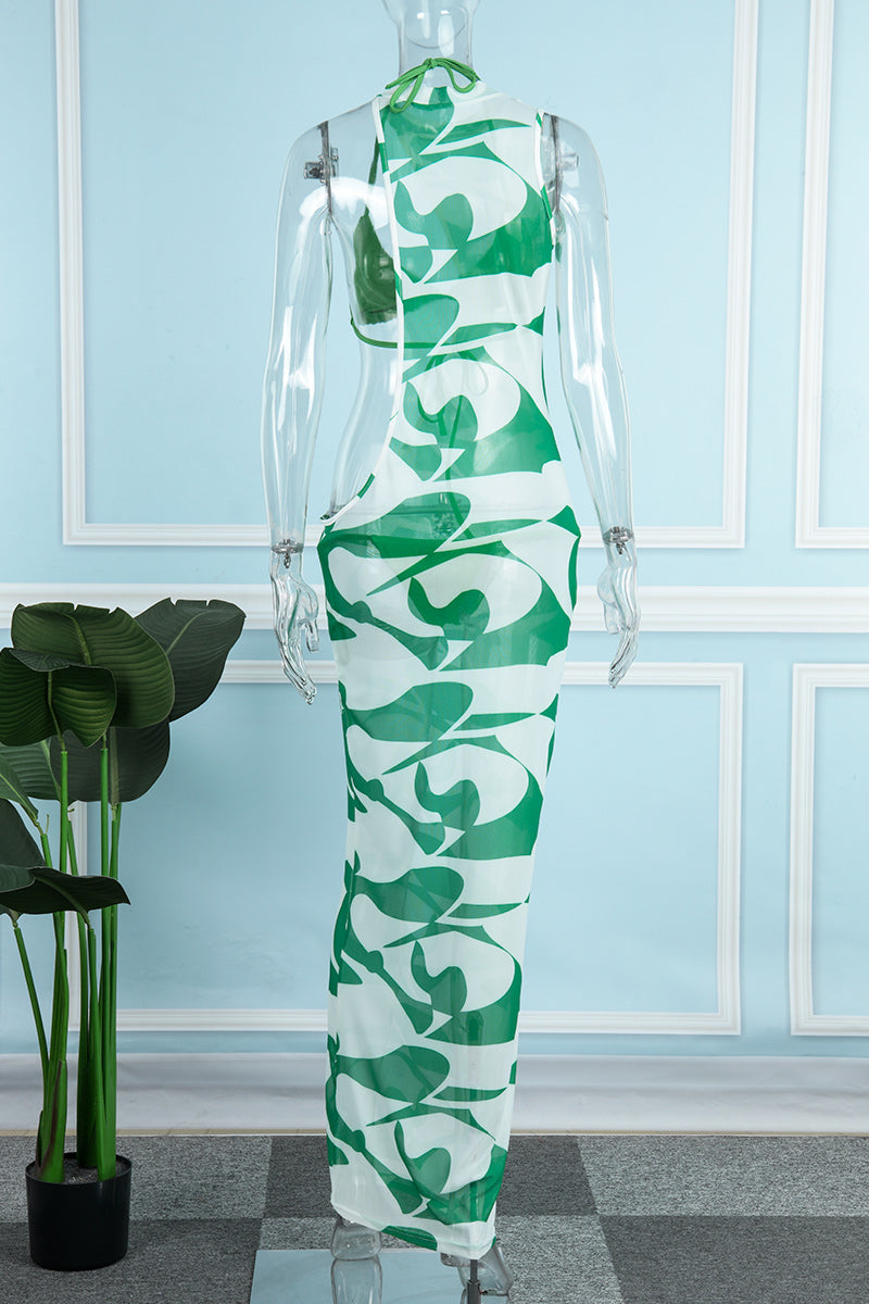 Sexy Print Hollowed Out See-through Backless Asymmetrical Half A Turtleneck Sleeveless Three Piece Set